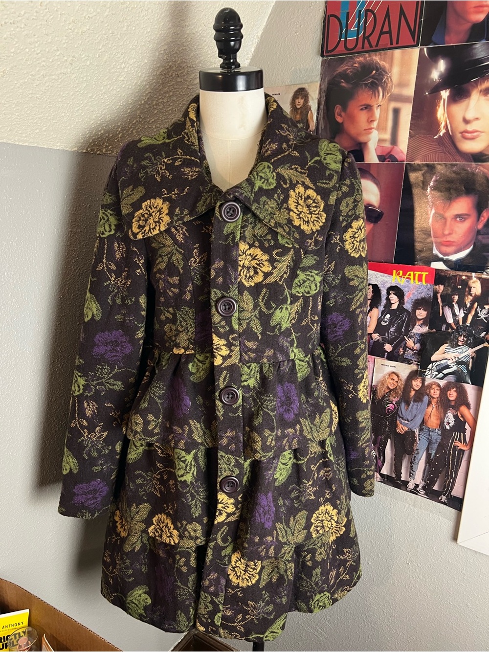 Young Essence Black Floral Tiered Pea Coat with Green, Yellow & Purple Accents